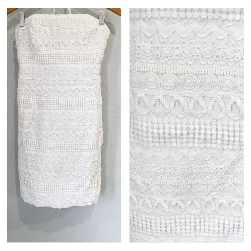 Lilly Pulitzer Embroidered Neutral Preppy Boho Strapless Crochet Dress